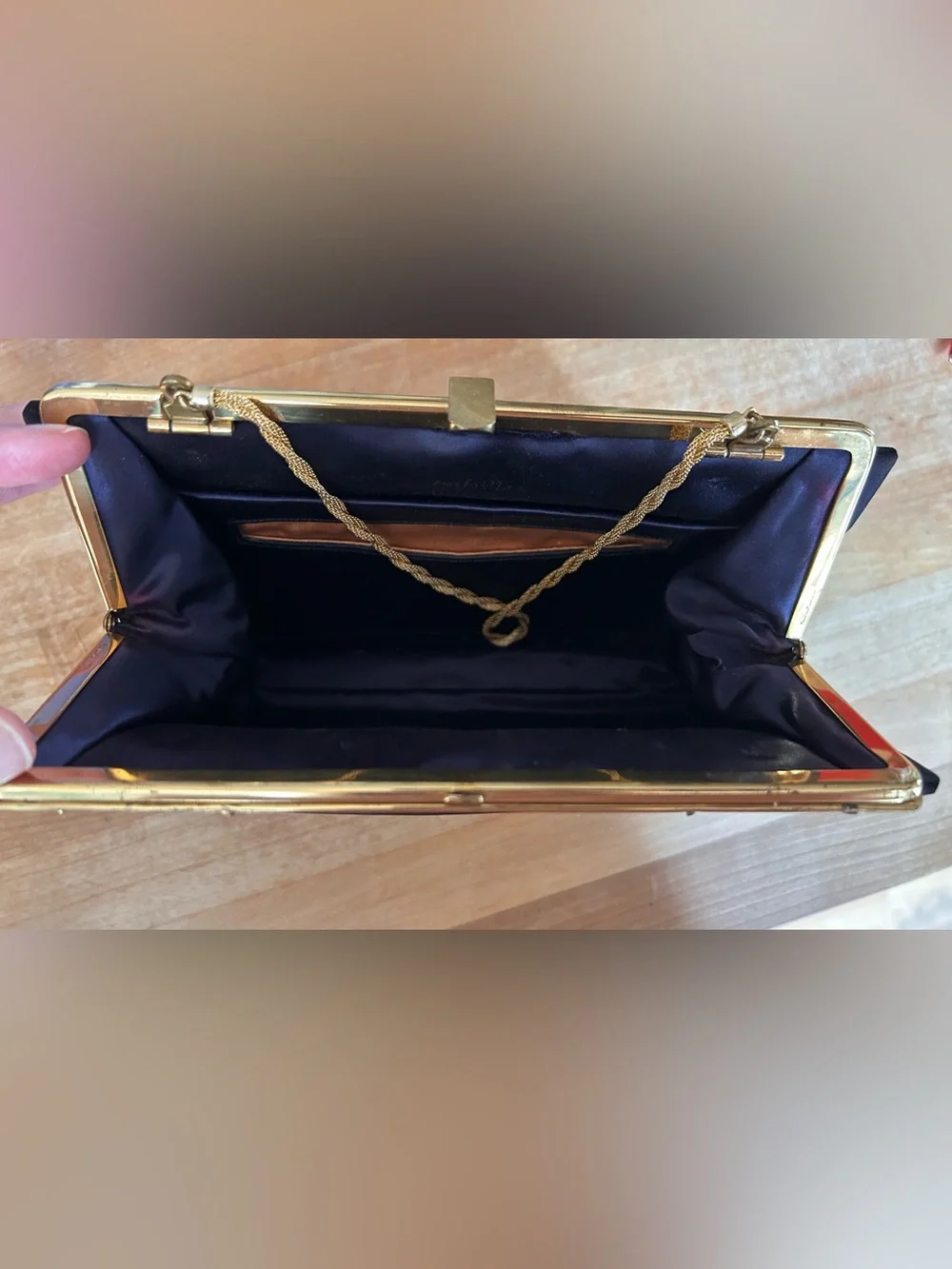 Vintage Twifaille by Rosenfeld Navy Satin Evening Clutch with Gold Chain Handle